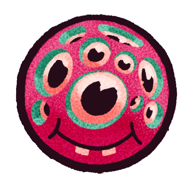 A magenta spherical creature with many eyes and a bucktoothed, dimpled smile. The eyes are pink and surrounded in light teal green.