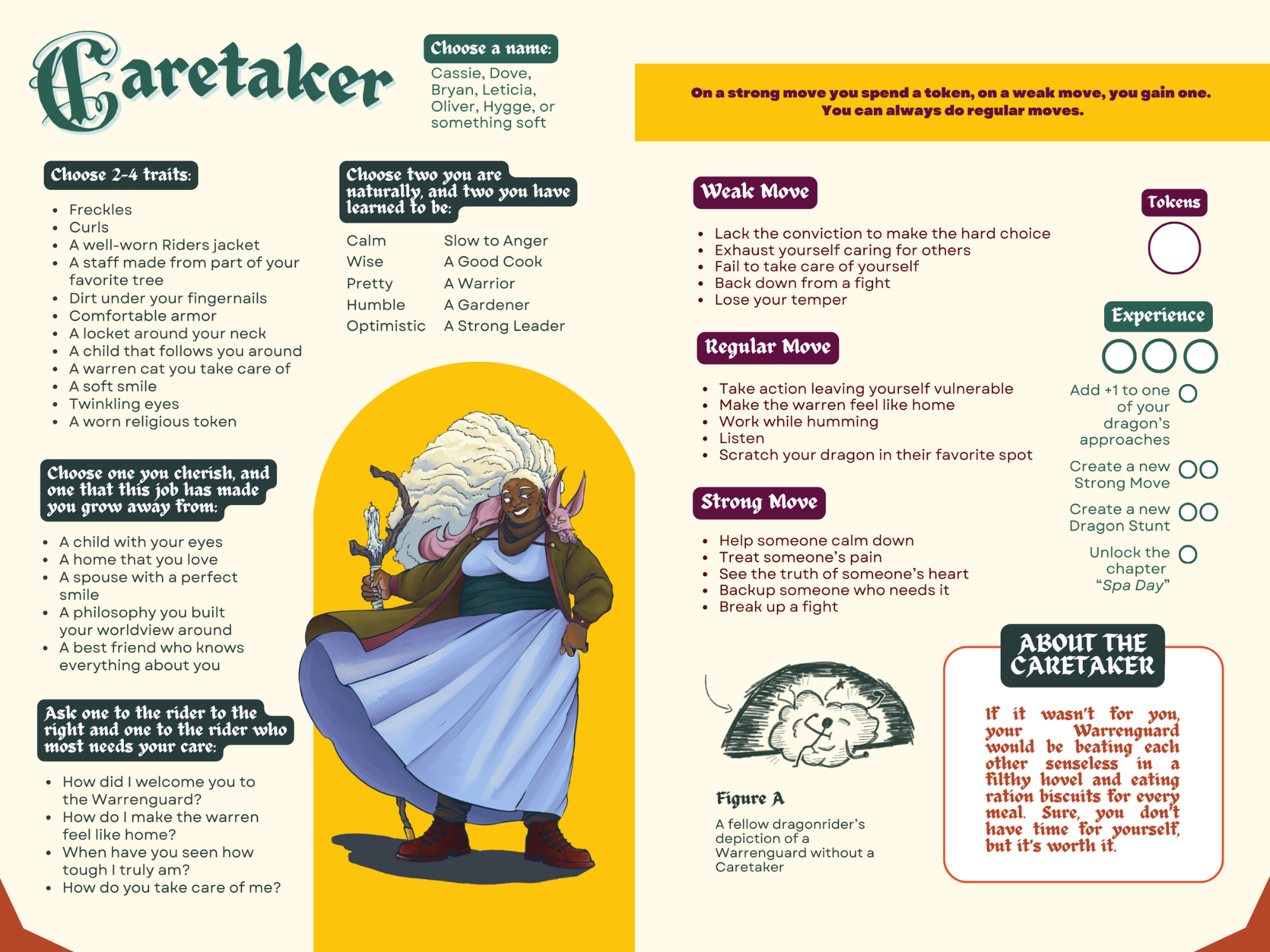 Caretaker character pages: Two pages displaying details about building a caretaker character, such as their name, traits, and movesets.