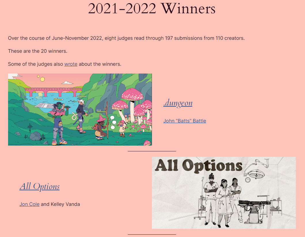 Screenshot of the 2021-2022 winners page on The Awards website.