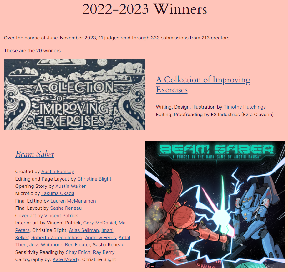 Screenshot of the 2022-2023 winners page on The Awards website.