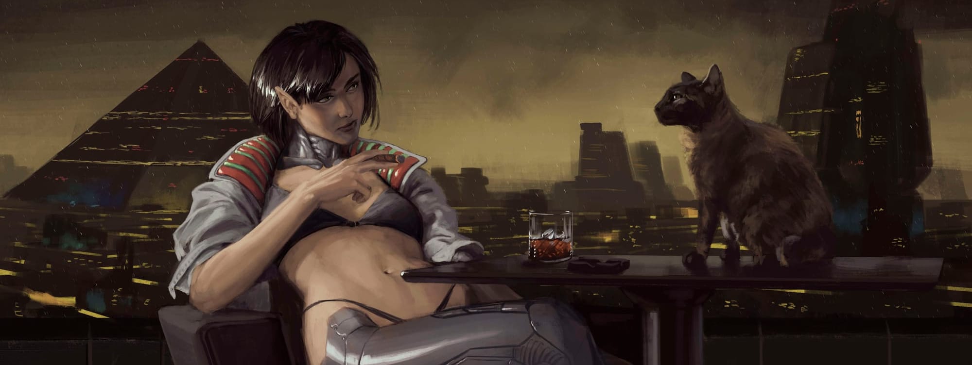 A half-elf with cyber implants enjoys the company of a synthetic cat
