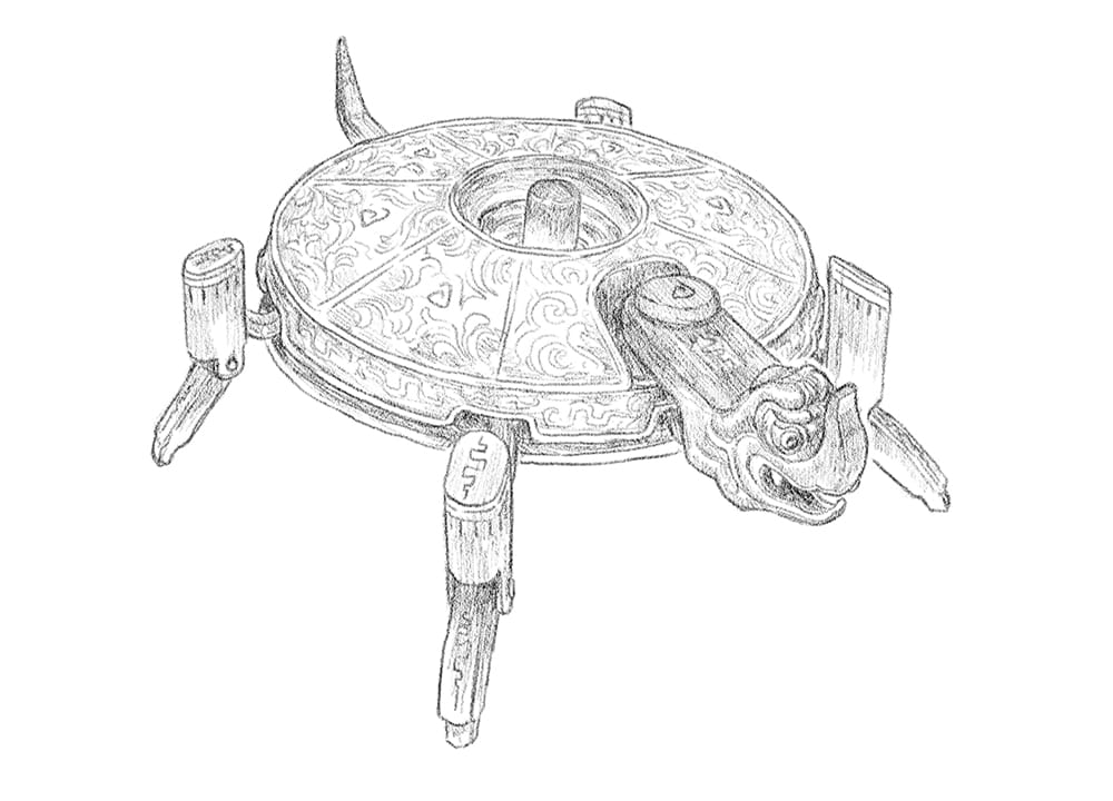A Southeast Asian inspired robot, looks like it's designed after a tortoise.