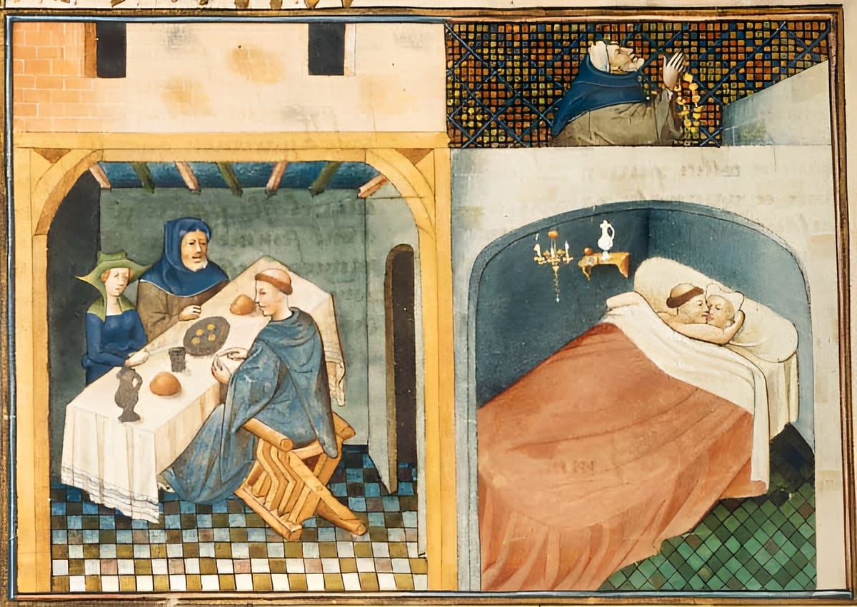 Detail from a medieval painting showing a monk dining with two hosts in one room while another monk is in bed with a woman nextdoor.