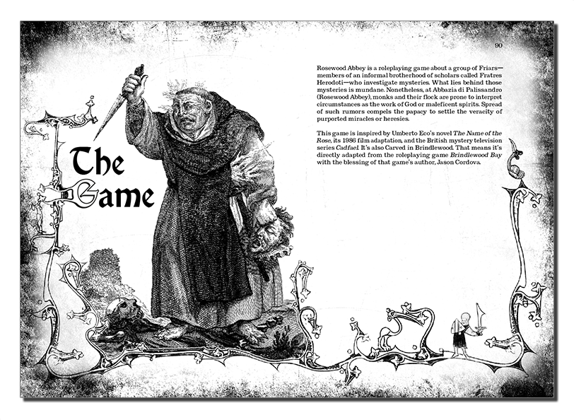 Screenshot of the section page titled "The Game" featuring an evil-looking monk about to tab the title.
