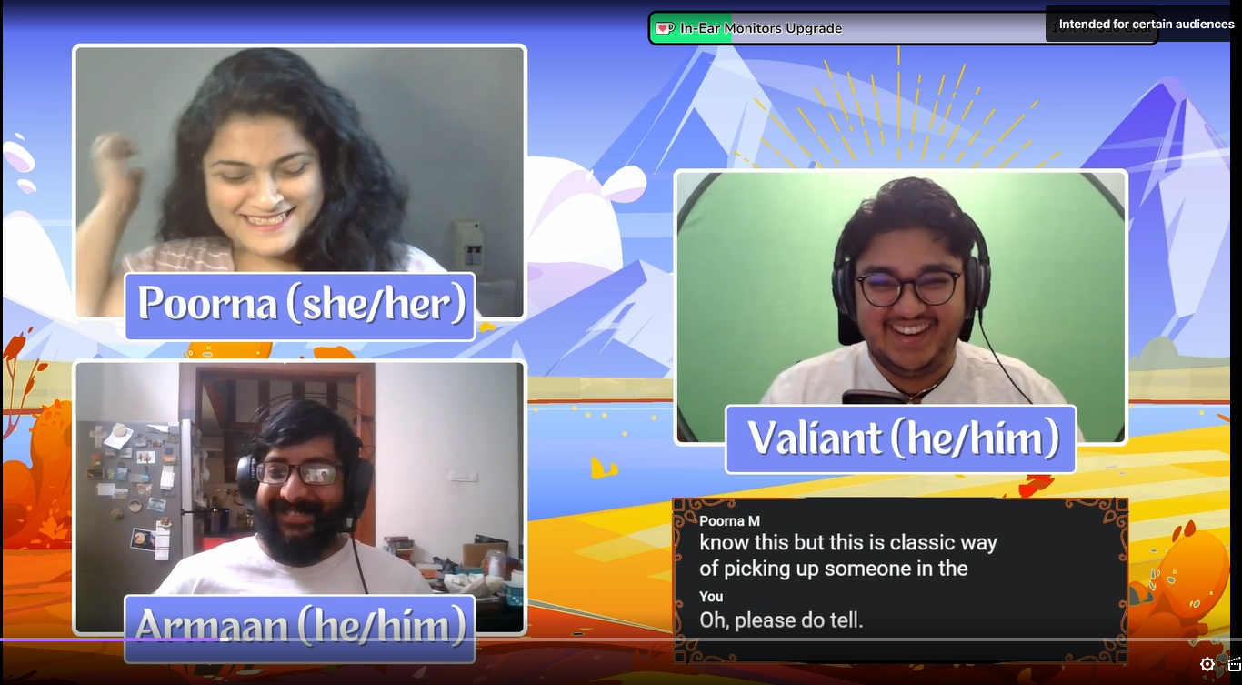Pictured is a screenshot of the Dicey Banter interview of Weave Storytelling featuring Poorna and Armaan.