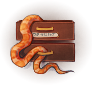 A snake rooting through a drawer marked "top secret"