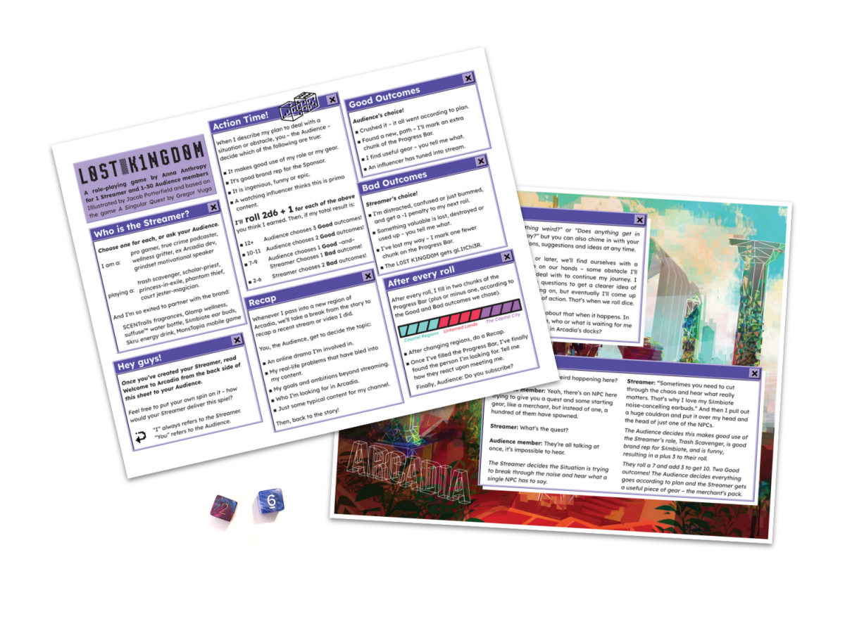 The two-page rules for a game called Lost Kingdom, along with two six-sided dice.