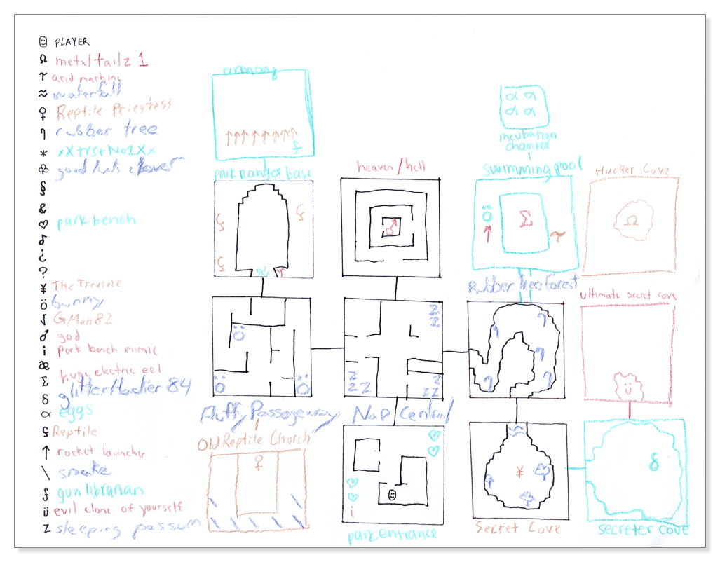 A map of connected rooms filled with penciled-in symbols and names. There's a list of symbols and their meanings on the left side.