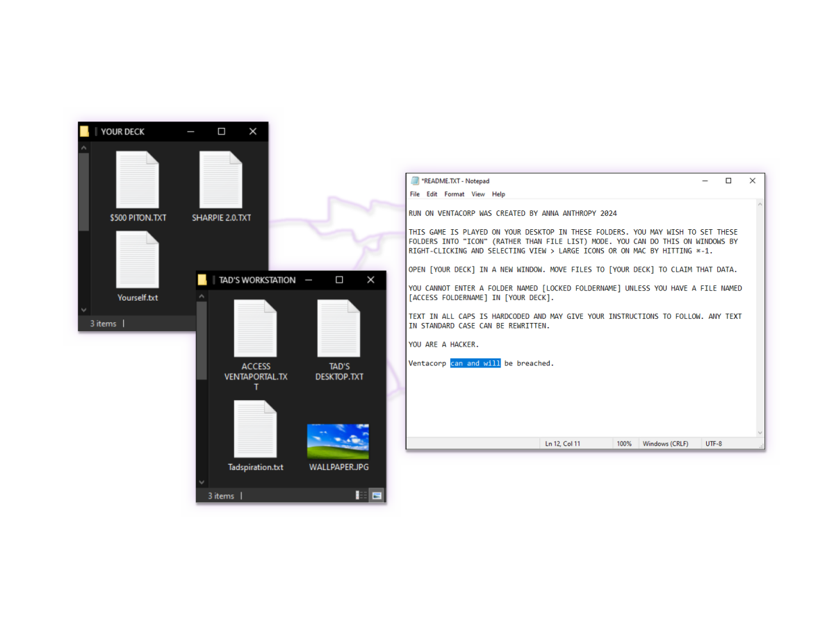 Two desktop folder windows and a README.TXT file open and in the process of being edited. Violet lightning arcs between the windows.