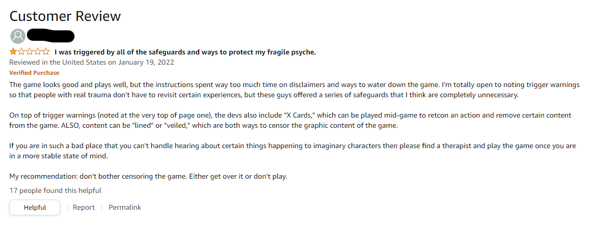 Amazon user review for Alice is Missing, titled, "I was triggered by all of the safeguards and ways to protect my fragile psyche." 