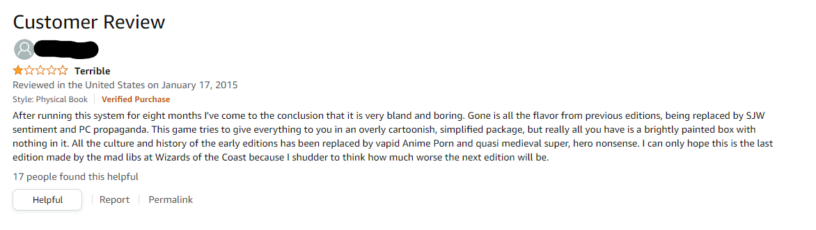 Amazon user review for Dungeons & Dragons 5E, titled "Terrible".
