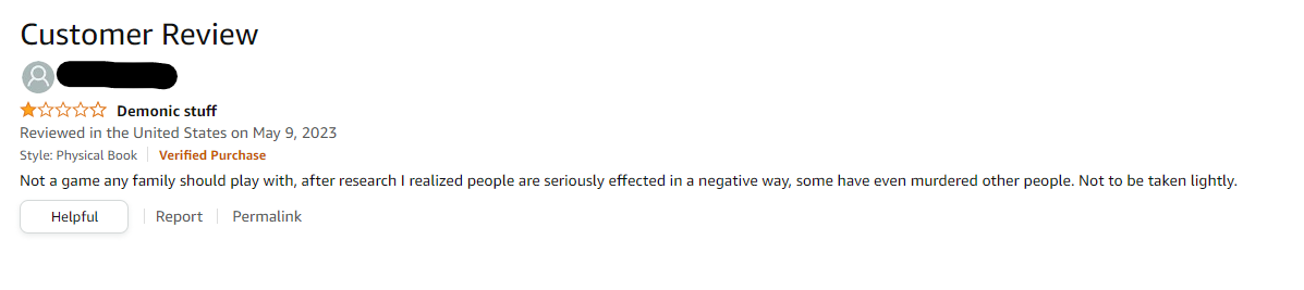 Amazon user review for Dungeons & Dragons 5E, titled "Demonic stuff".
