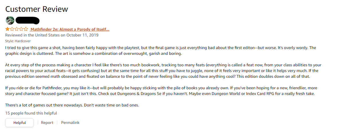 Amazon user review for Pathfinder 2E, titled "Mathfinder 2e: Almost a Parody of Itself."