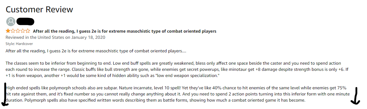 Amazon User review for Pathfinder 2E, titled, "After all the reading, I guess 2e is for extreme masochistic type of combat oriented players".