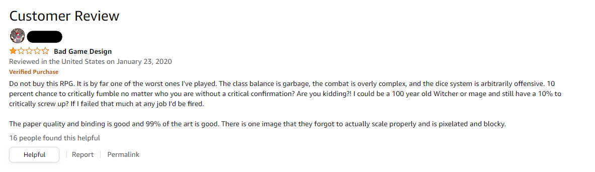 Amazon user review for The Witcher RPG, titled "Bad Game Design"
