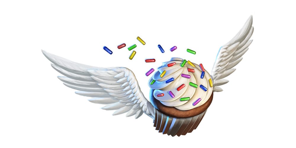 A flying cupcake with wings.