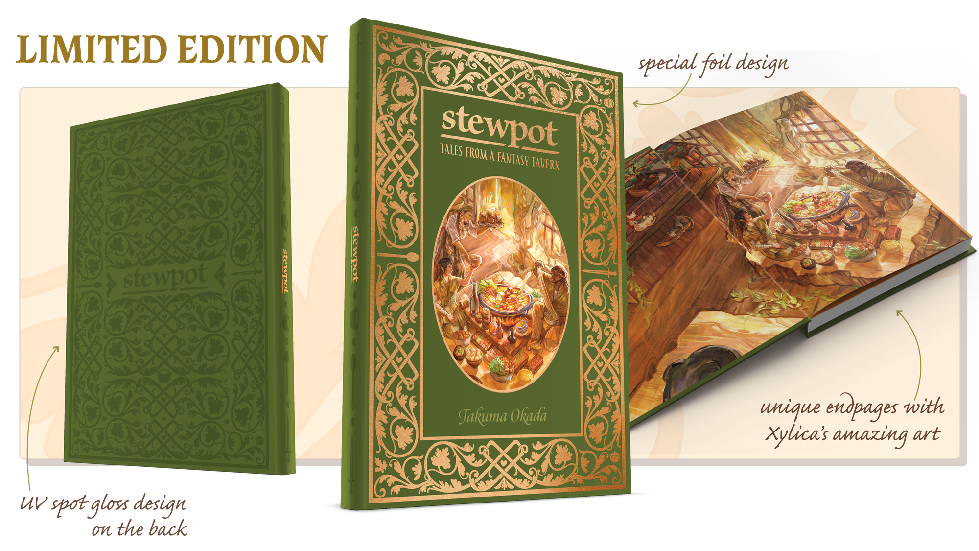 Green spot gloss and foil hardcover limited edition of Stewpot, with art of the tavern by Xylica