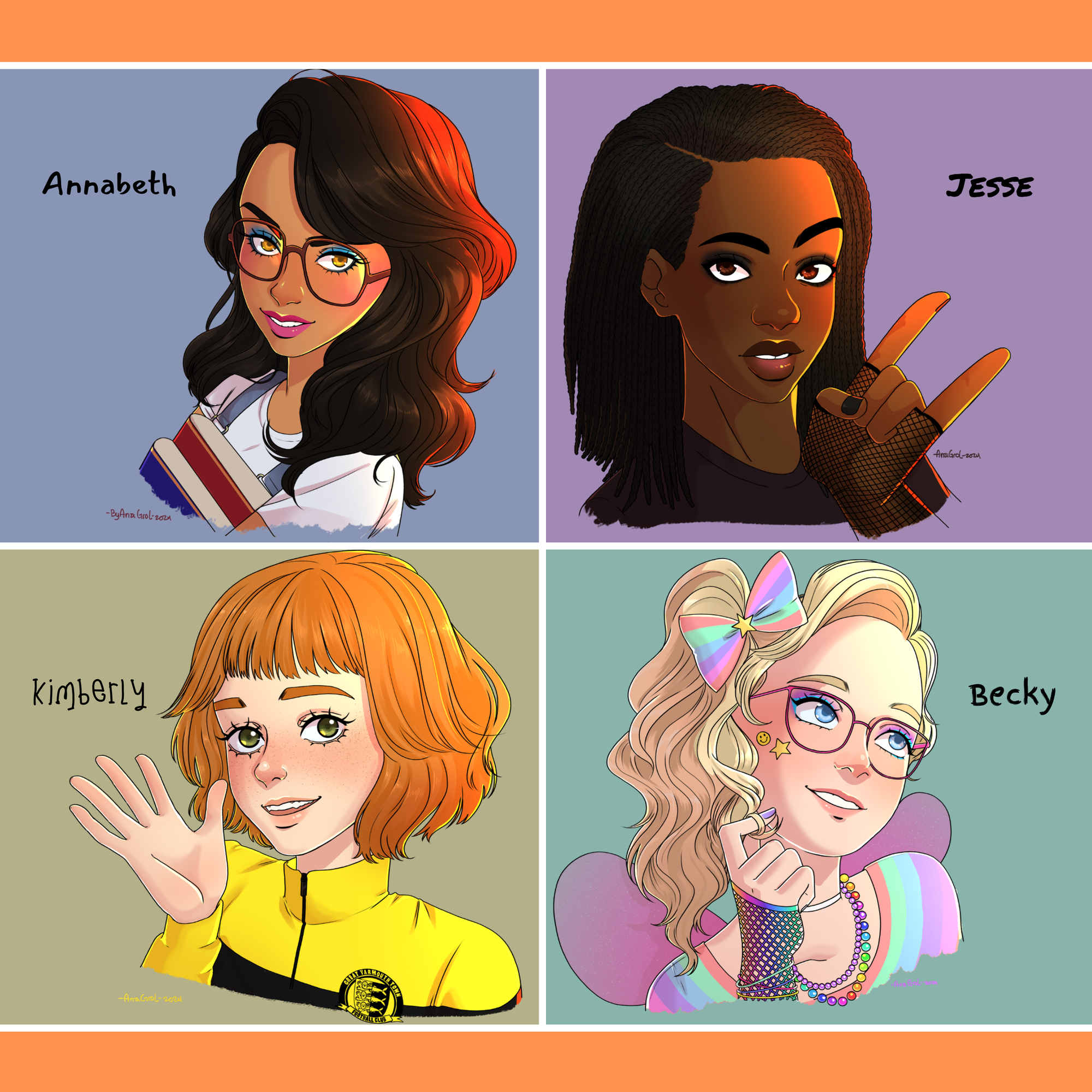 Character art. Annabeth - hispanic descent, big glasses, books, long brown hair. Jesse - black, painted nails, rocker look, braids. Kimberly - white, short ginger hair, freckles. Becky - white, blonde hair, glasses, fairy wings.