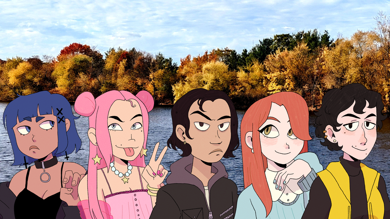 The first 5 player characters of Season 1 as drawn by gloomypunks in front of a photograph of trees in fall colors
