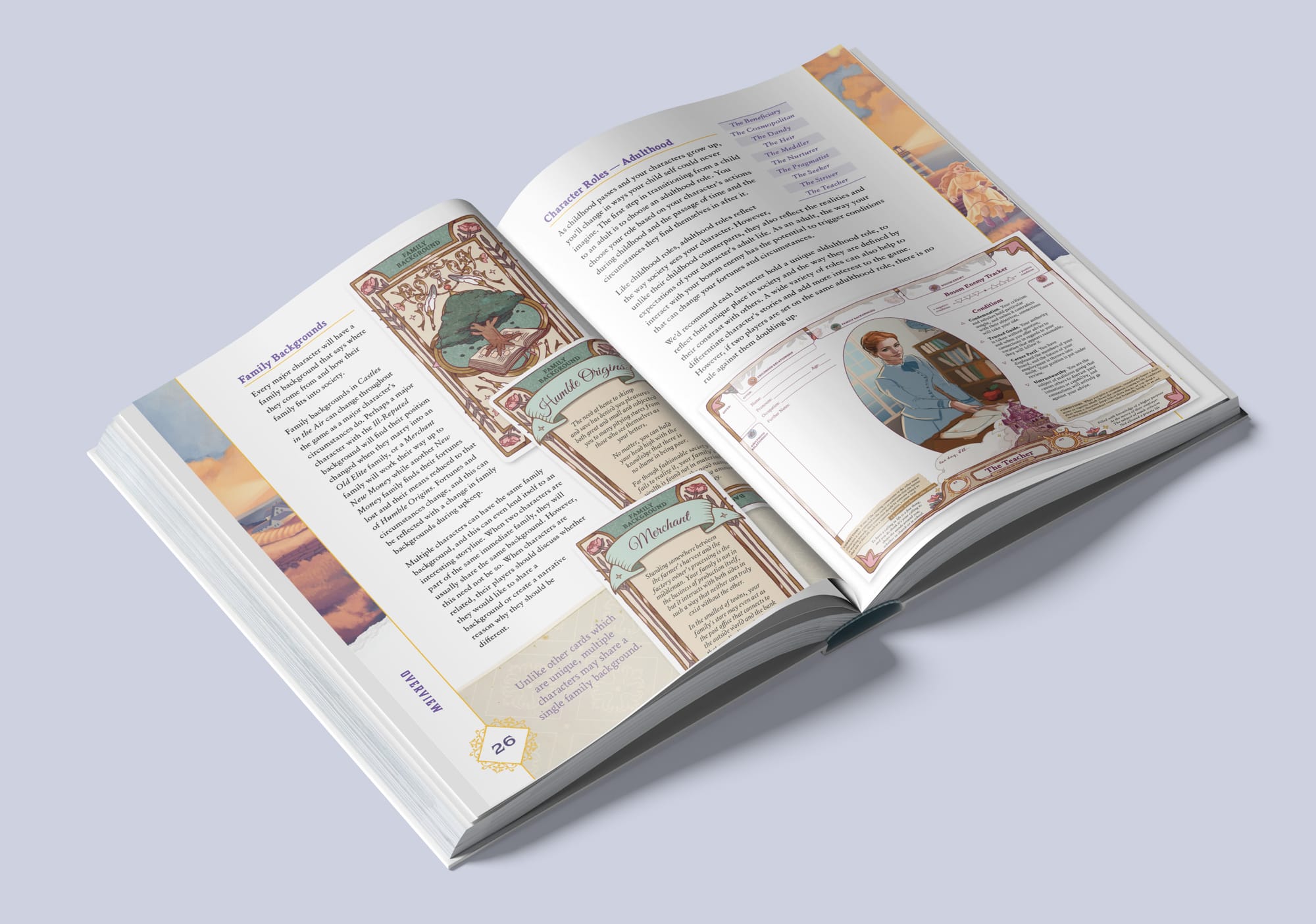 An open spread of the rulebook, introducing Family Backgrounds and Character Roles.