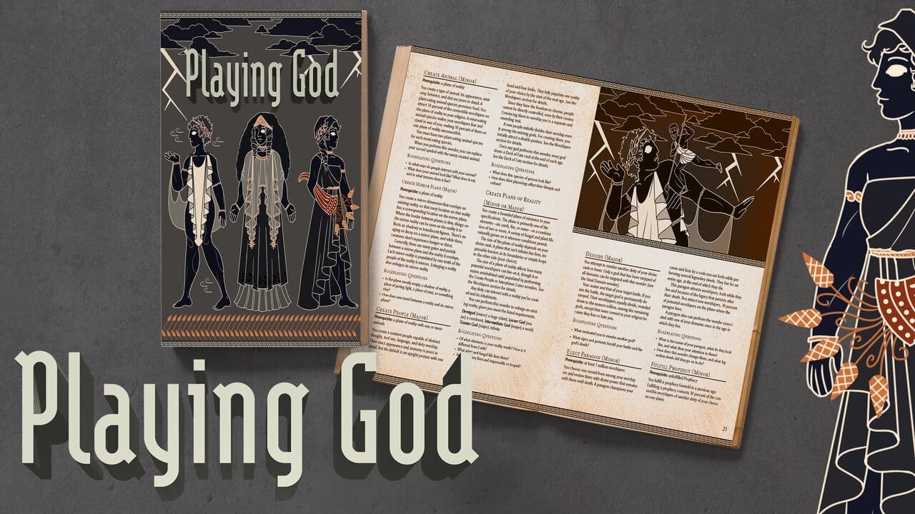Two physical copies of Playing God, one showing the cover and one open to a two-page spread while a god of harvest looks on.