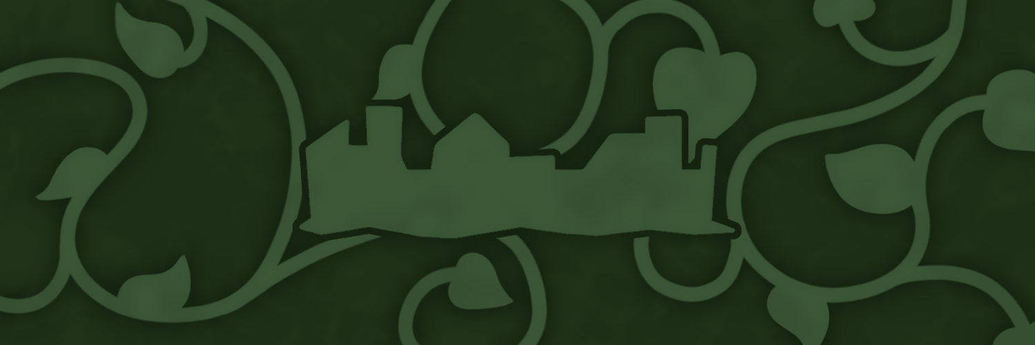 Some Place to Be's symbol, a small city's skyline in silhouette, over stylized green ivy on a dark green background.