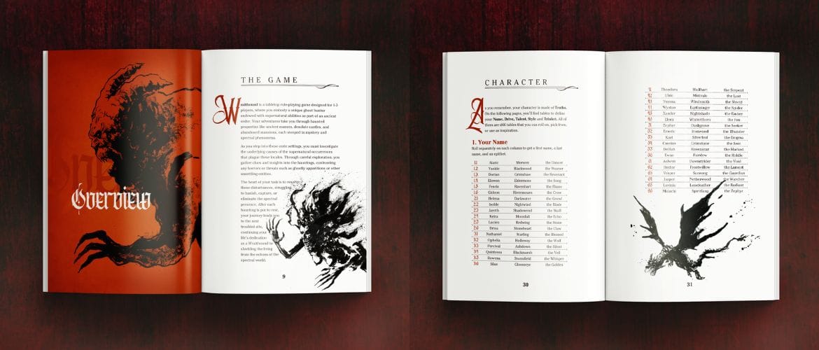 Mockup of two different spreads of the book, showing instructions and tables