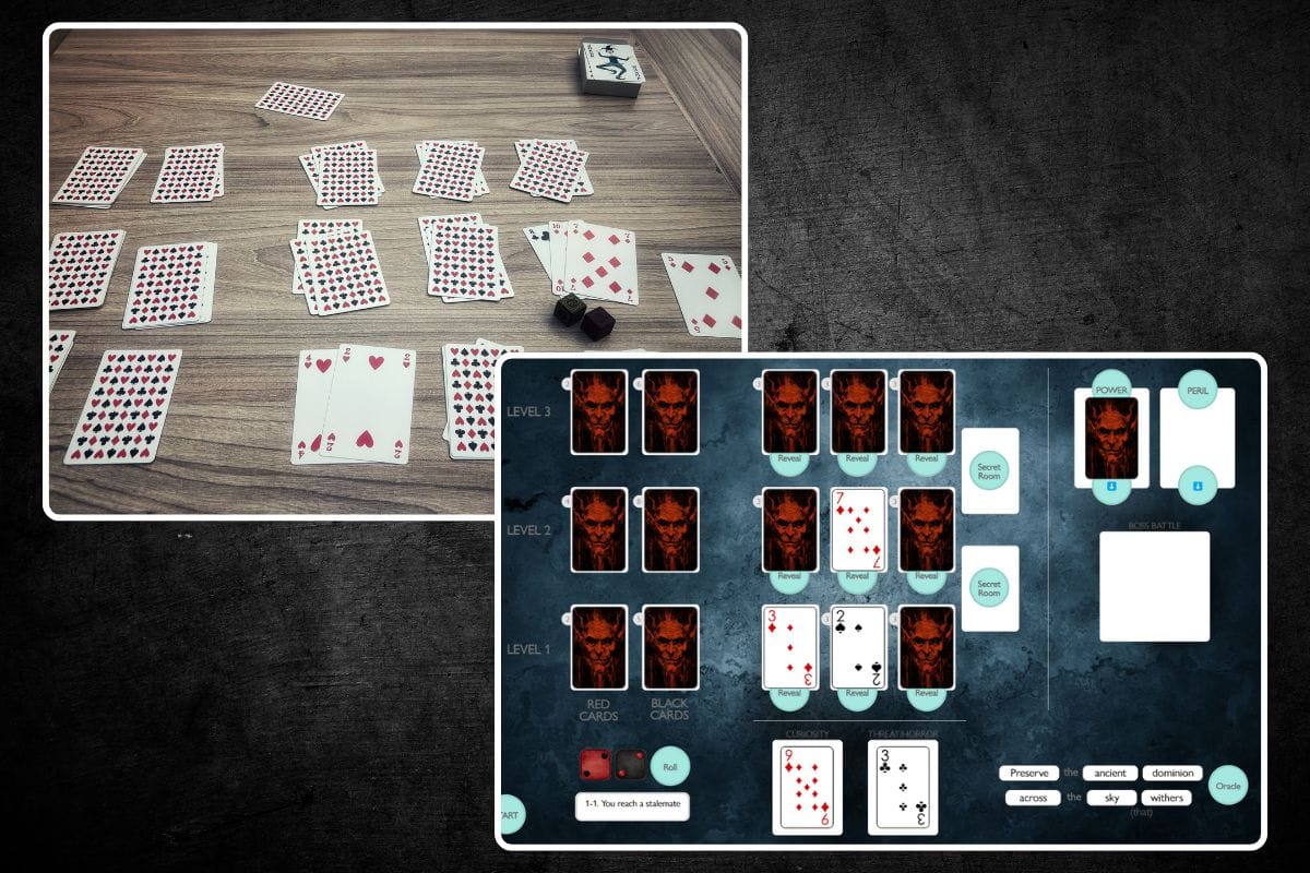 A picture of cards and dice on a table, and a screenshot of a virtual tabletop