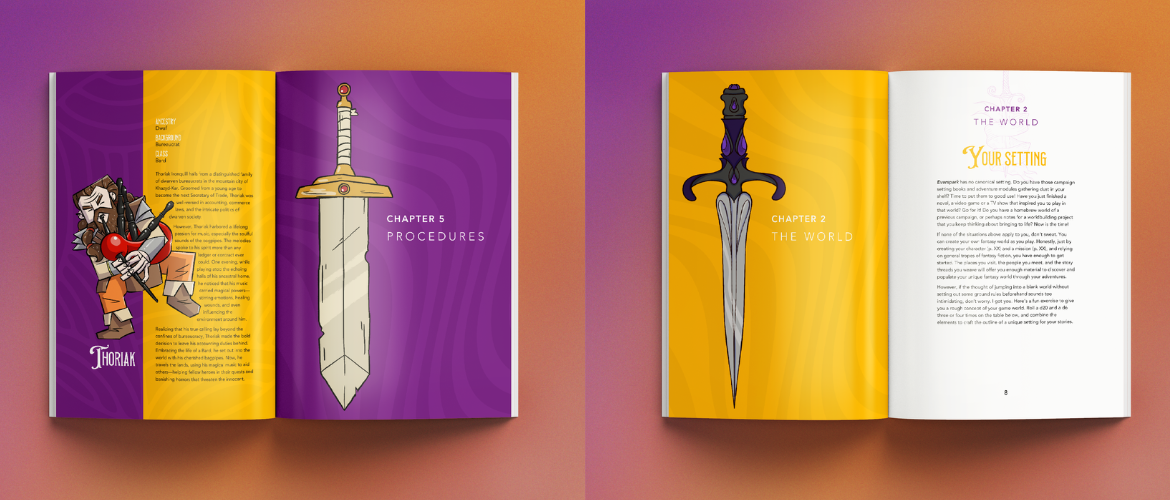 Mockup of book spreads showing chapter pages and a sample Dwarf Bard character