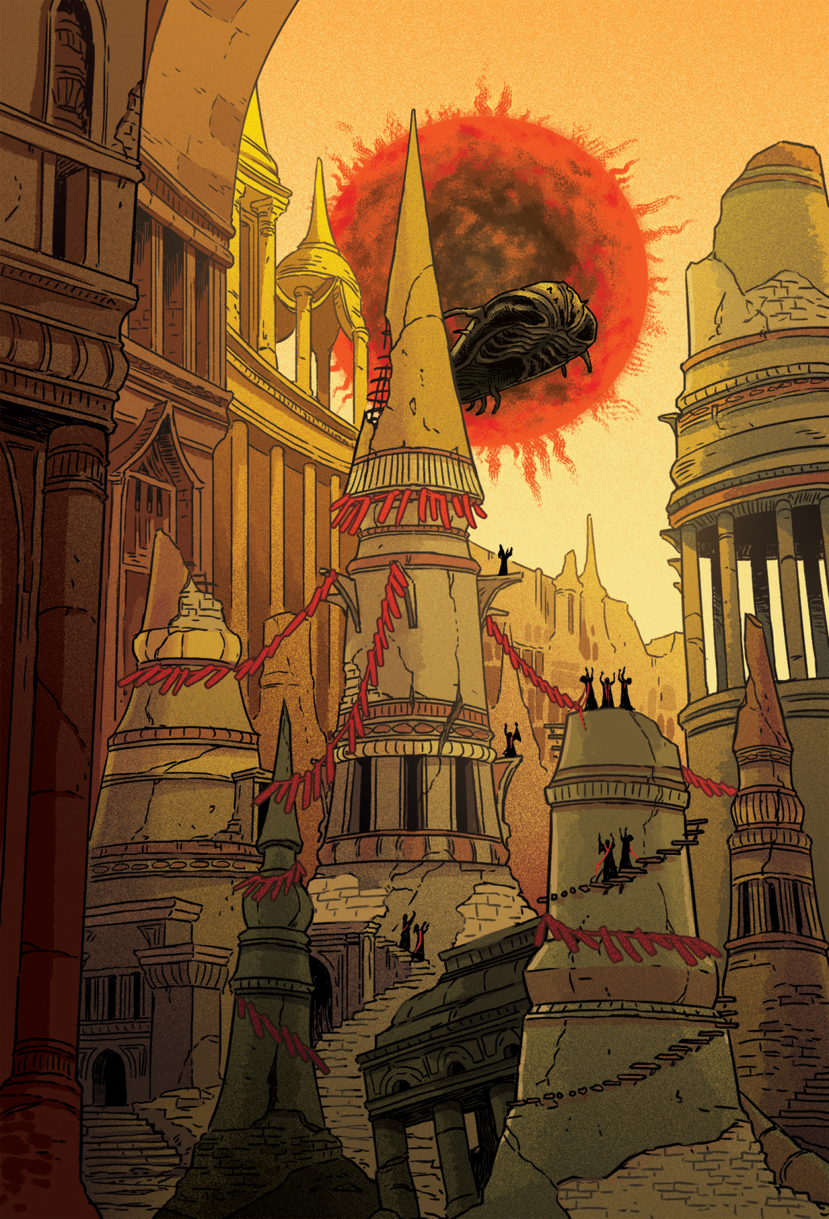 A crumbling city draped in read streamers. People raise their arms up to a black, insect-like ship descending below a glaring sun.