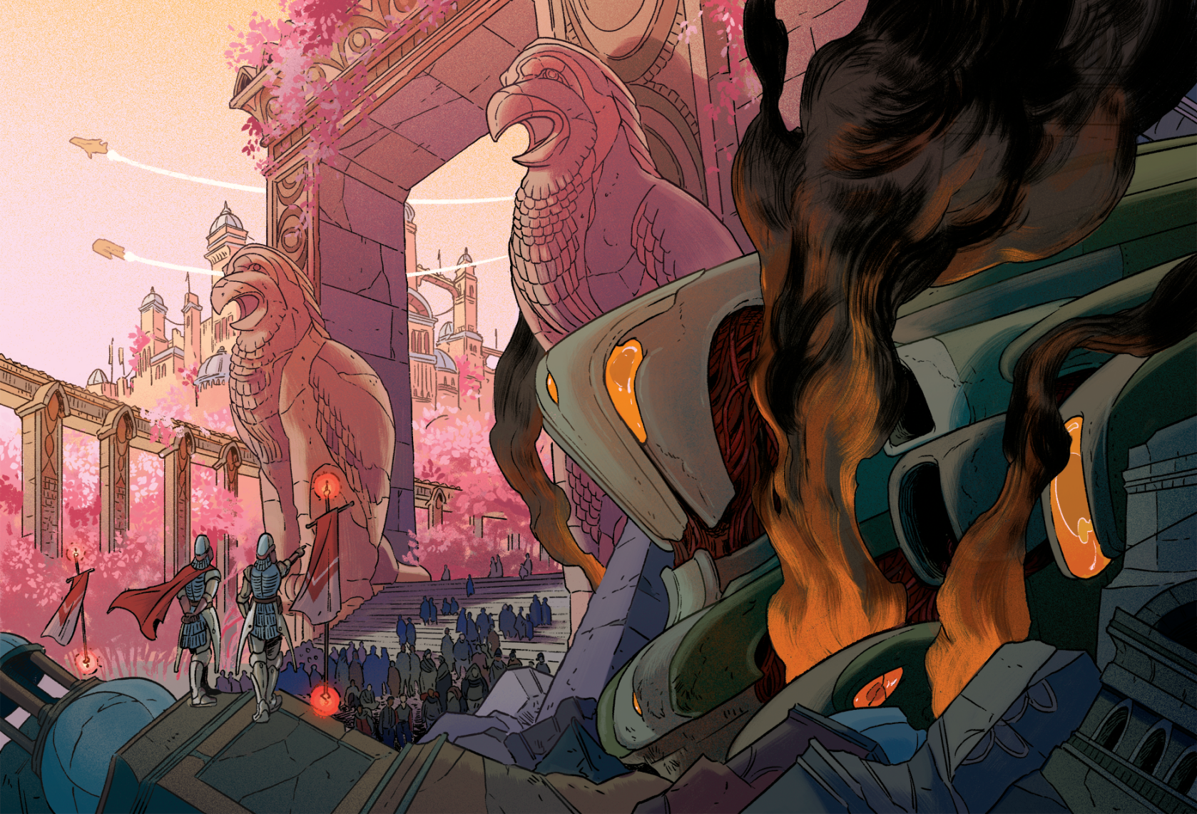 Two soldiers in metal armor overlook people entering a stone archway flanked by massive griffon statues. The burning wreck of a ship fills the foreground.