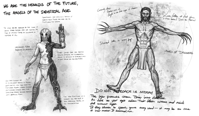 A black and white photo depicts a wenjr transformed into the undead in ttrpg Crucible of Aether