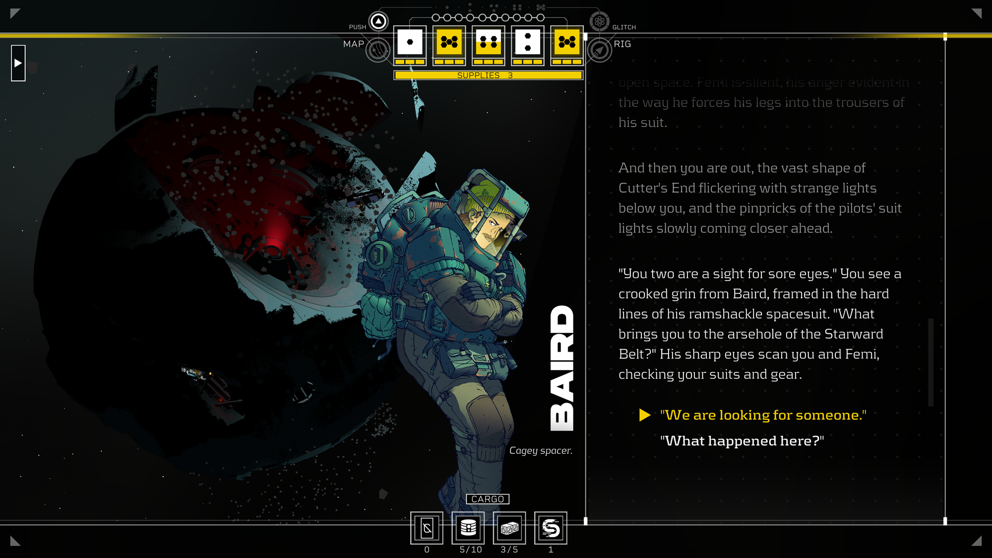 A Citizen Sleeper 2 screenshot showing some narrative text featuring a character called Baird.