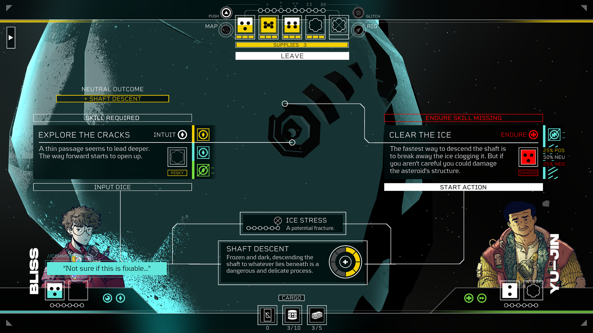 A Citizen Sleeper 2 screenshot showing a decision point featuring the characters Bliss and Yu-Jin.
