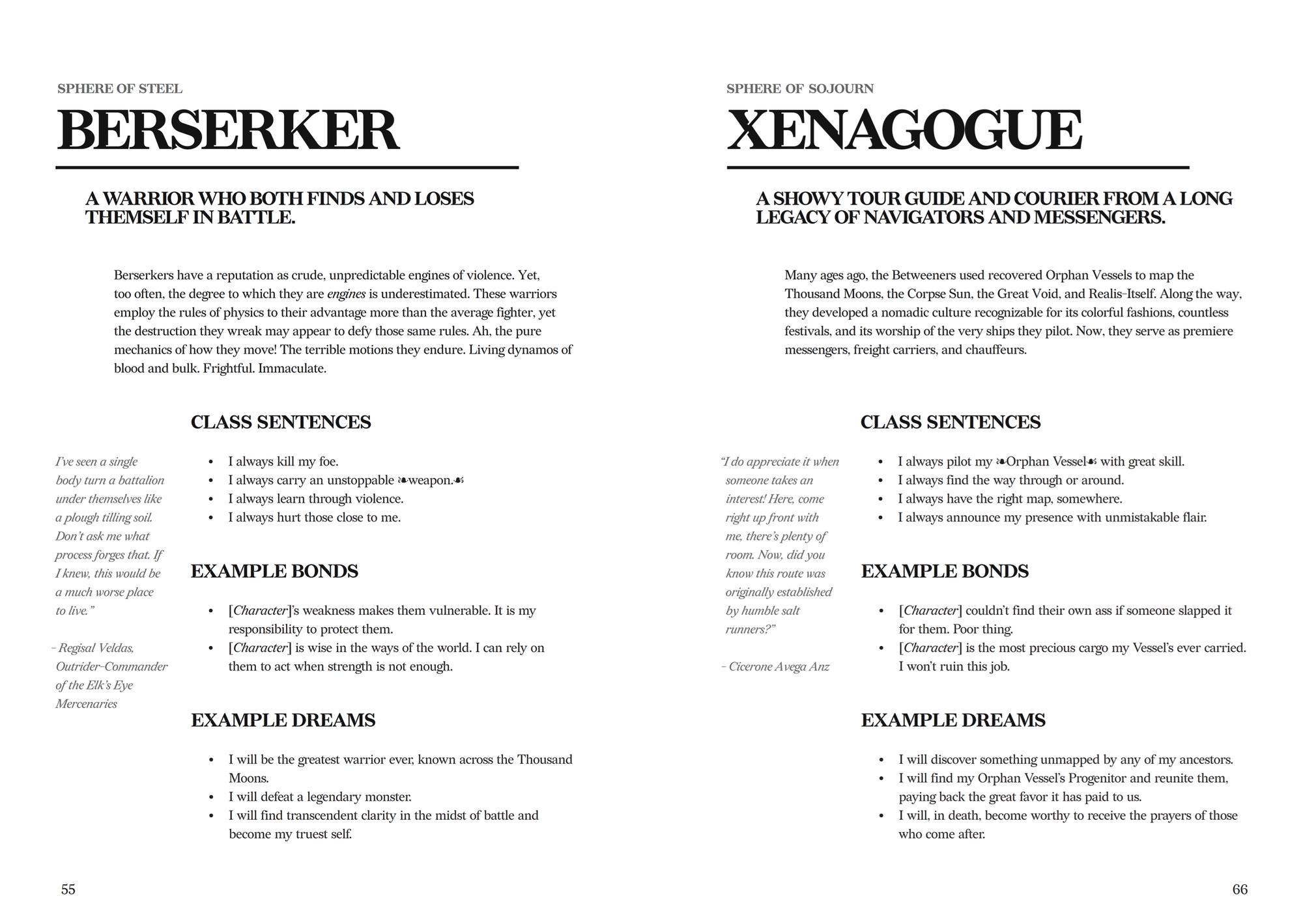 Page spread from tabletop RPG Realis showing two classes. Titles read "Berserker" and "Xenagogue"