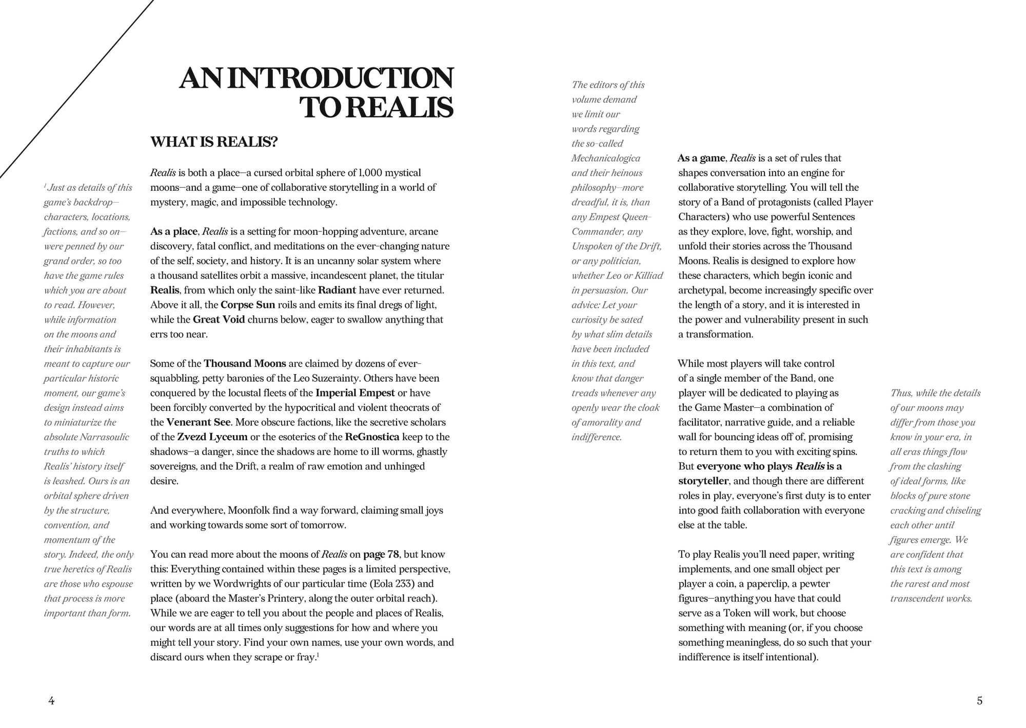 Page spread titles "An Introduction to Realis" from the upcoming tabletop RPG Realis