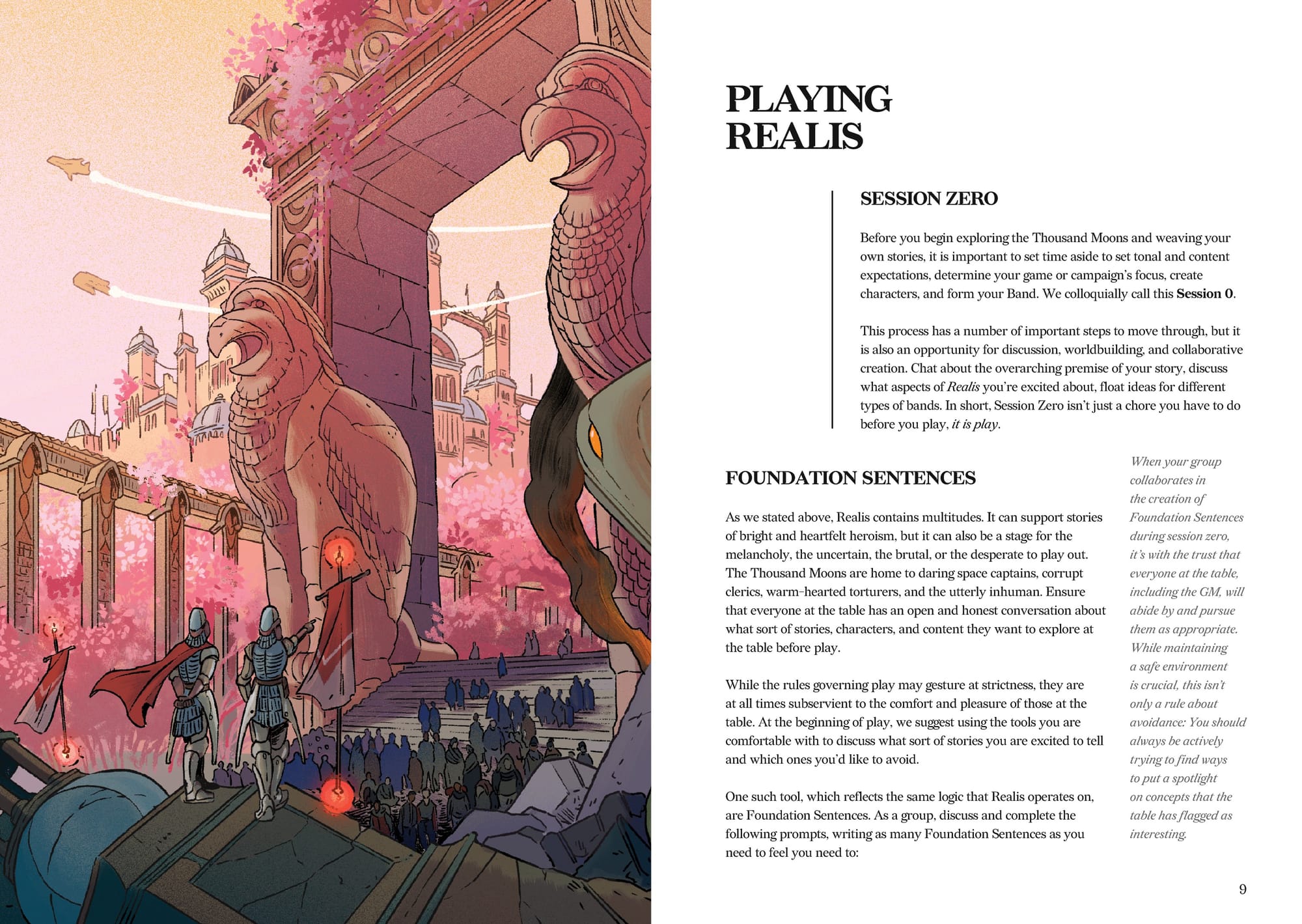 Page spread titled "Playing Realis" from the upcoming tabletop RPG Realis. The header art is used on the left, with text on the right.