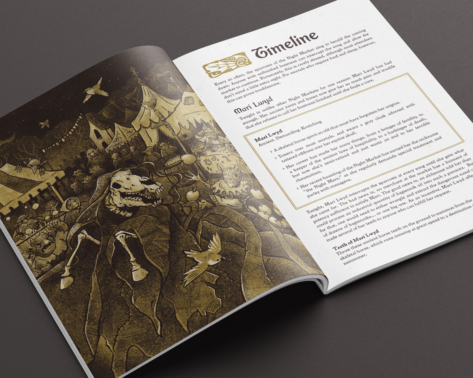 A photo of the inside of The Secret of the Night Market book, featuring artwork of the traditional Welsh character Mari Lwyd.