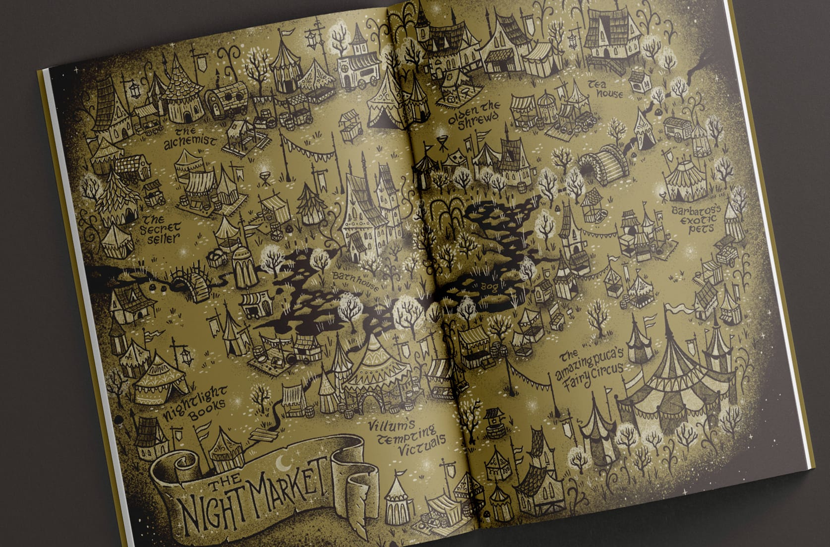 A photo of the inside of The Secret of the Night Market book depicting a map of the market.