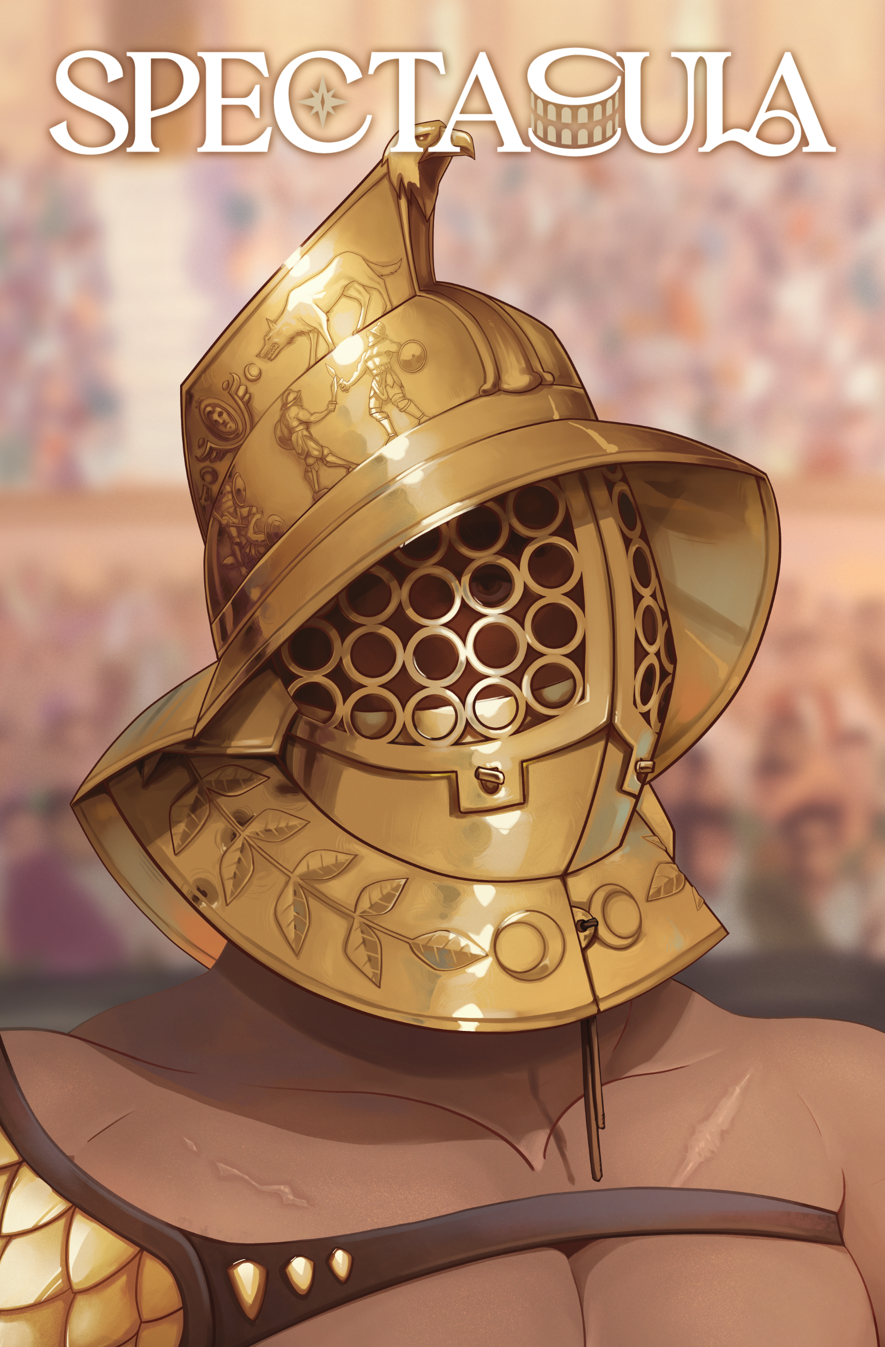 A detailed illustration of a gladiator wearing an ornate golden helmet with intricate engravings of warriors and animals. The helmet features a lattice-like faceplate and decorative laurel patterns on the neck guard below. The gladiator's shoulders are partially visible, adorned with gold-trimmed armor. The blurred background suggests a crowded arena. Above, the title 'SPECTACULA' is displayed in an elegant font, with the letter 'U' stylized to resemble a Roman amphitheater.