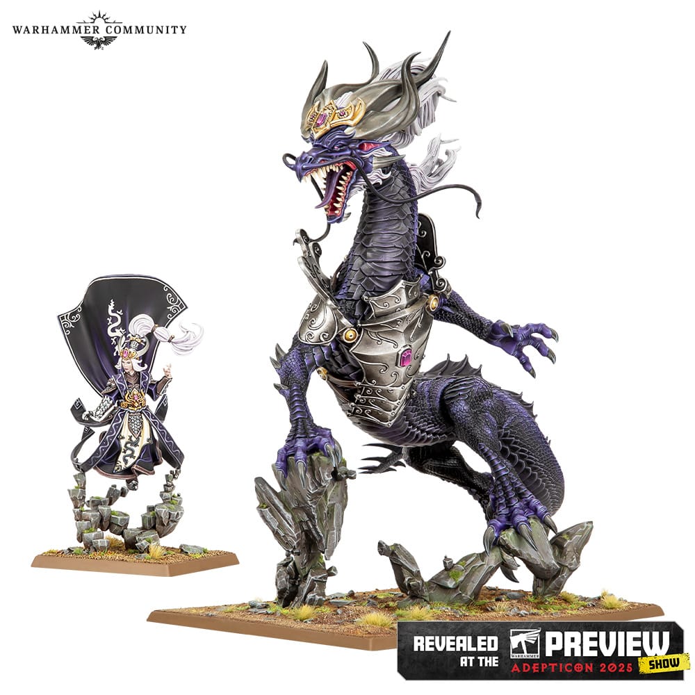 A photo of a Miao Ying, the Storm Dragon miniature. On the left is her human form, a white haired woman in dark purple robes, and on the right is her dragon form, a huge purple, Chinese-style dragon.