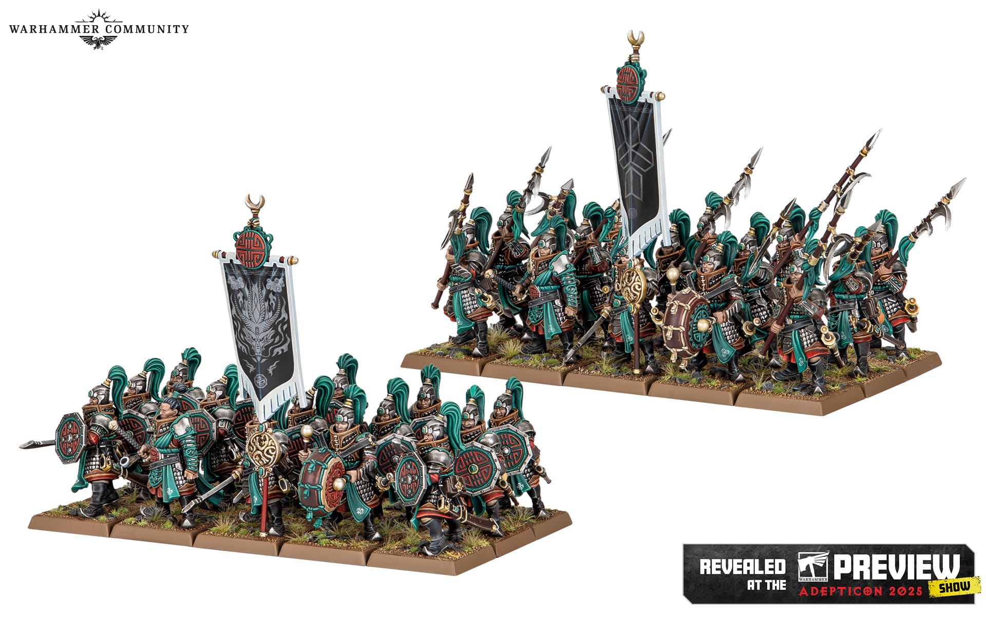 A photo of Jade Warrior miniatures, two units of troops in fantastical, Chinese themed armour.
