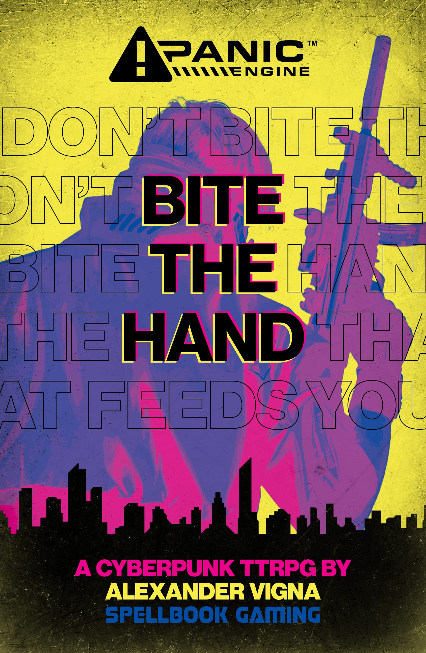 The beta's cover art. Yellow background with black skyline along the bottom. The title "Bite The Hand" is highlighted within the full phrase "Don't bite the hand that feeds you."