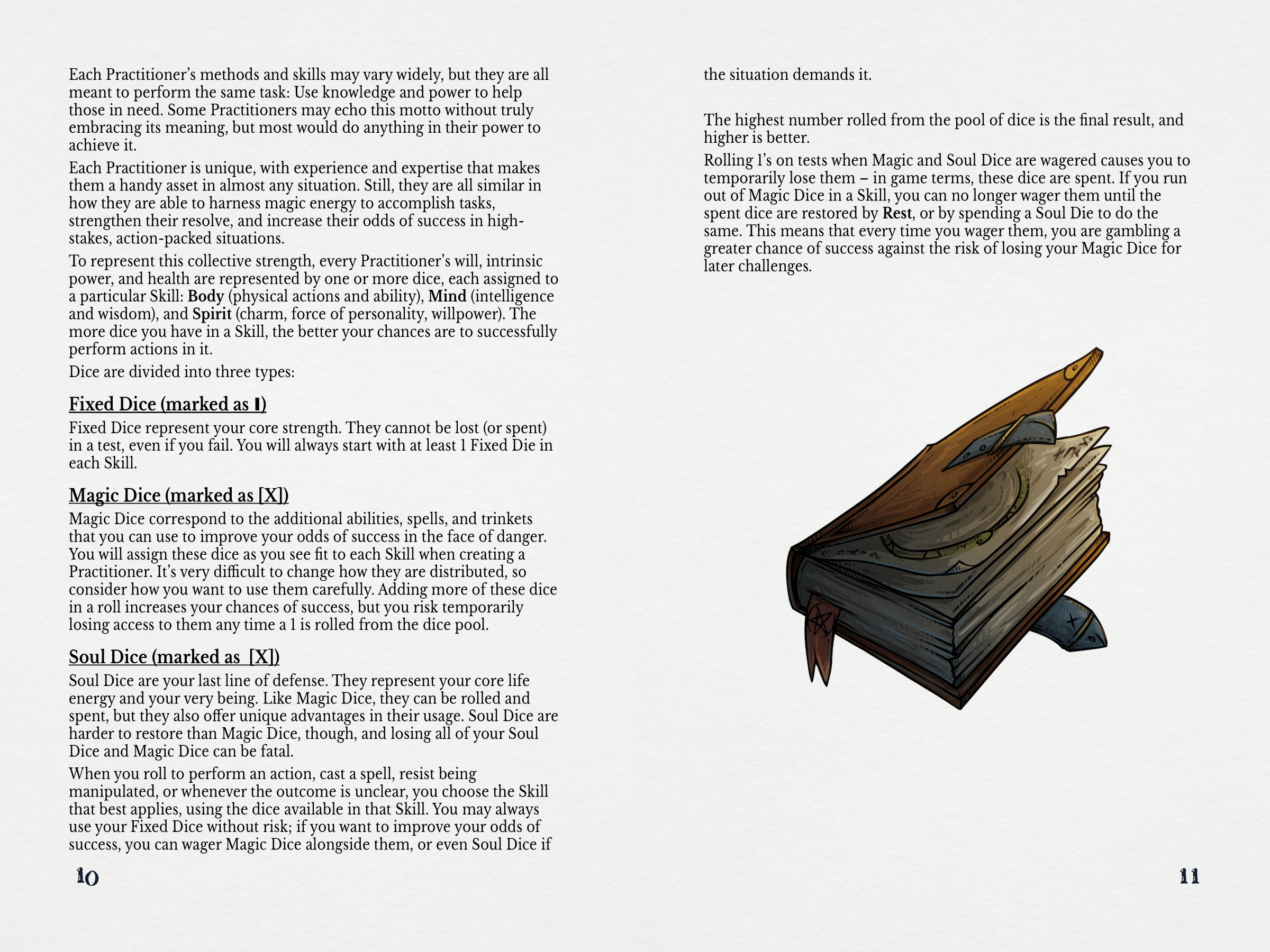 An example of the dice rules page, including a drawing of a slightly-open spell book
