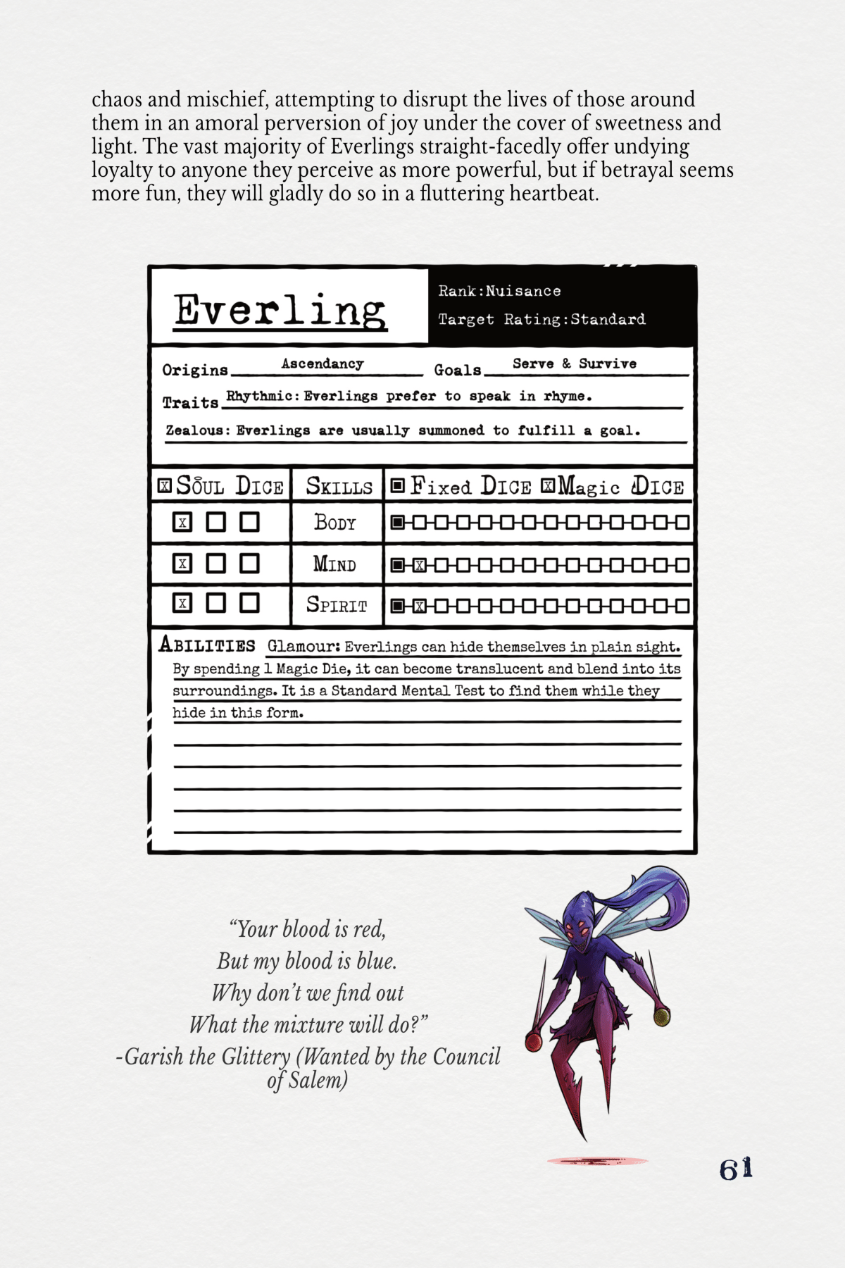 A creature stablock for an Everling, with a poem on the bottom left and an image of a purplish fairy on the right.