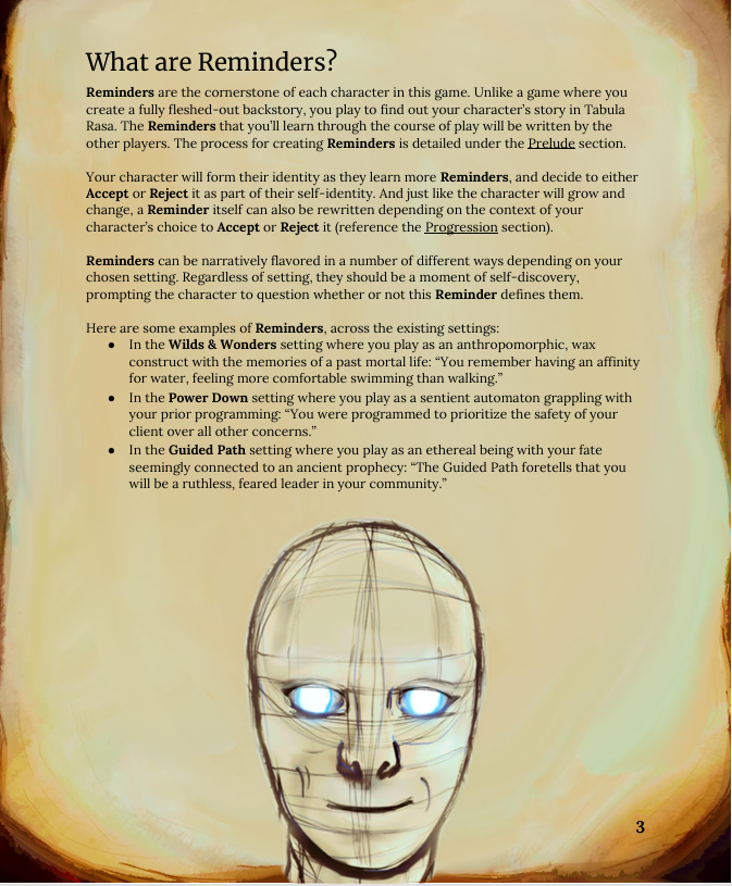 A screenshot from the game of the “What are Reminders” section, with art at the bottom of a sketch-style head with glowing eyes.