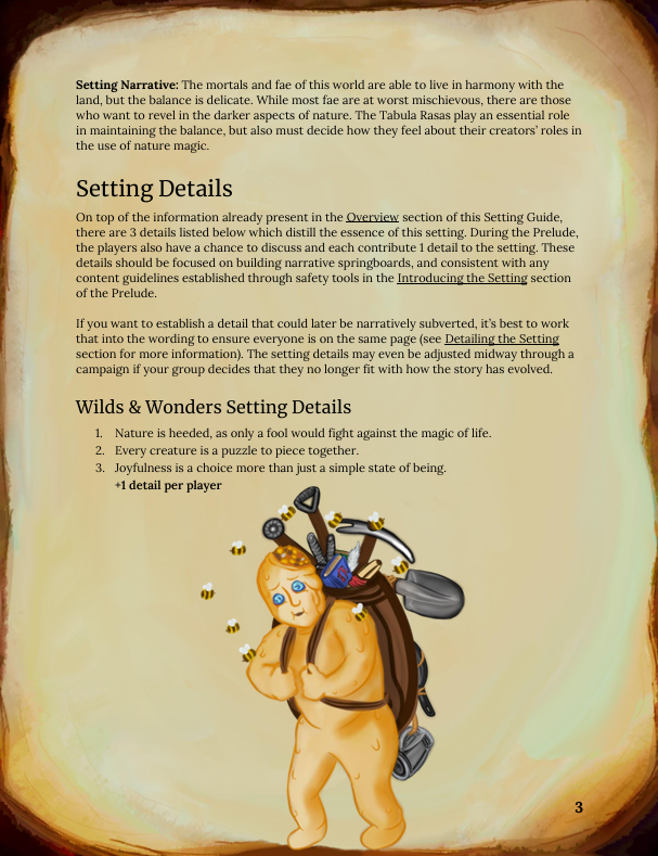 A screenshot from the Wilds & Wonders setting guide showing the Setting Details section. At bottom is art of a beeswax construct carrying a heavy bag of tools.