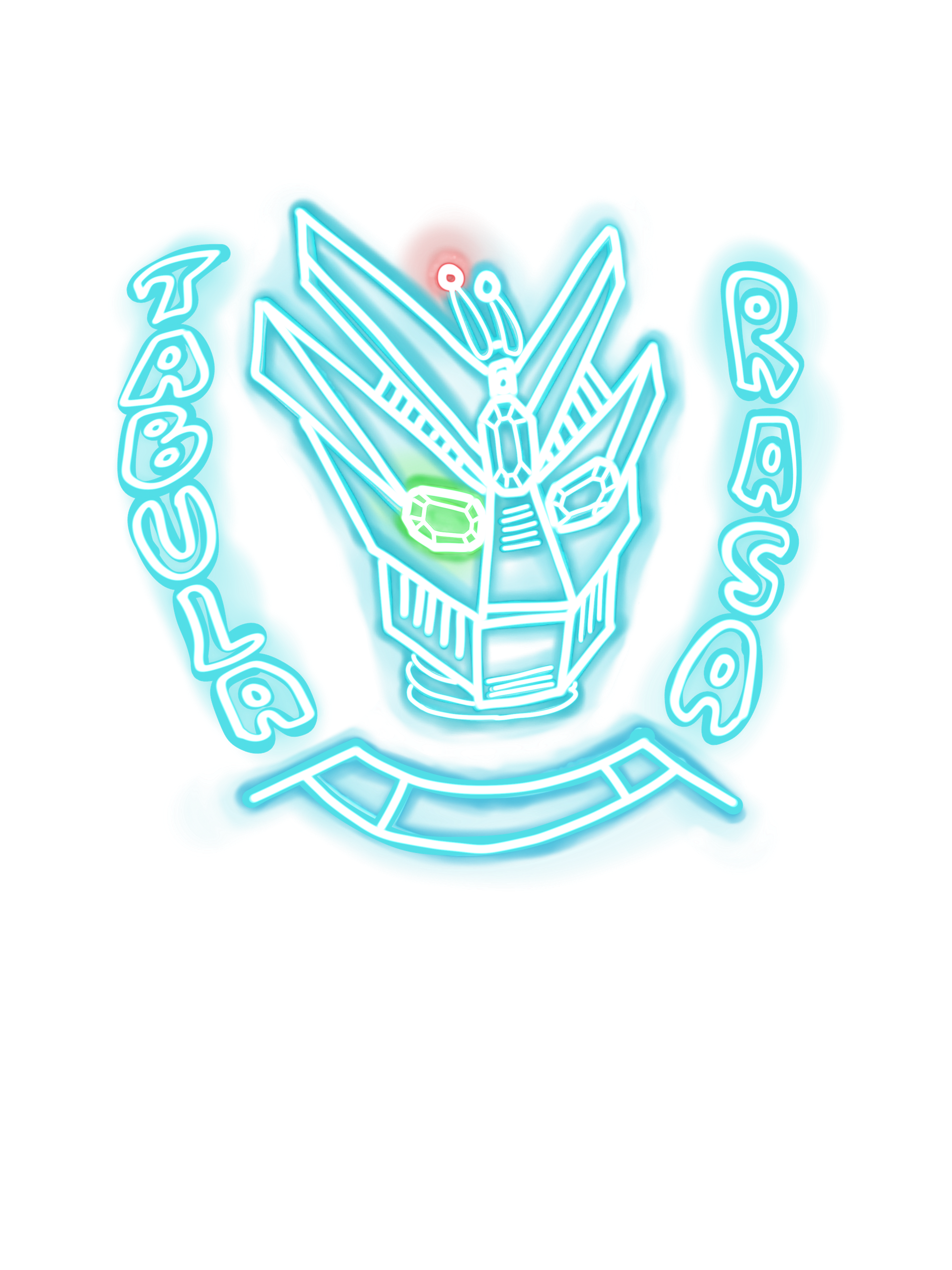 Neon blue sign-style depiction of robot, with the word Tabula on the left and the word Rasa on the right.