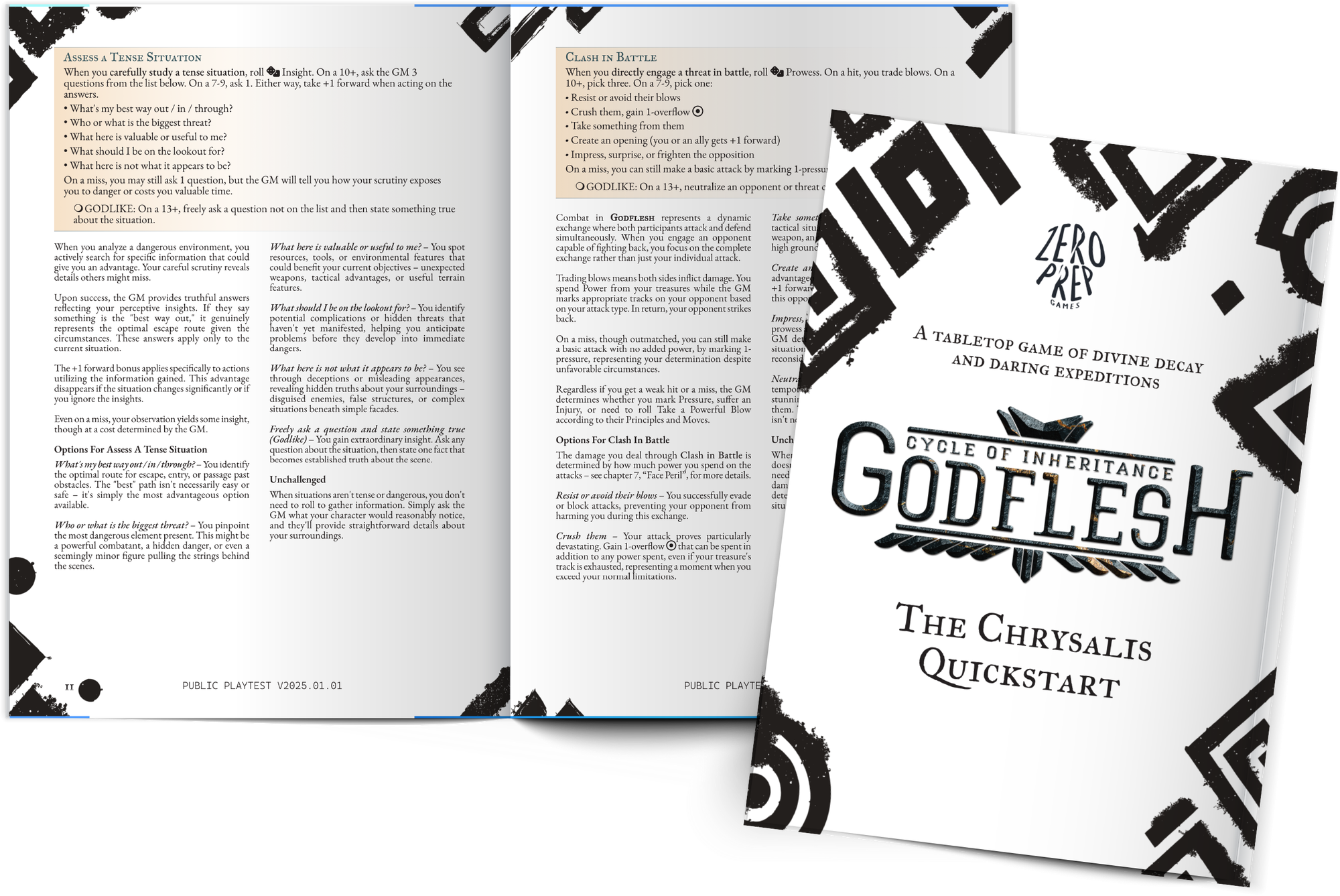 Spread from "Godflesh" RPG showing game mechanics. A partial view of the cover with logo and "The Chrysalis Quickstart" subtitle is visible.