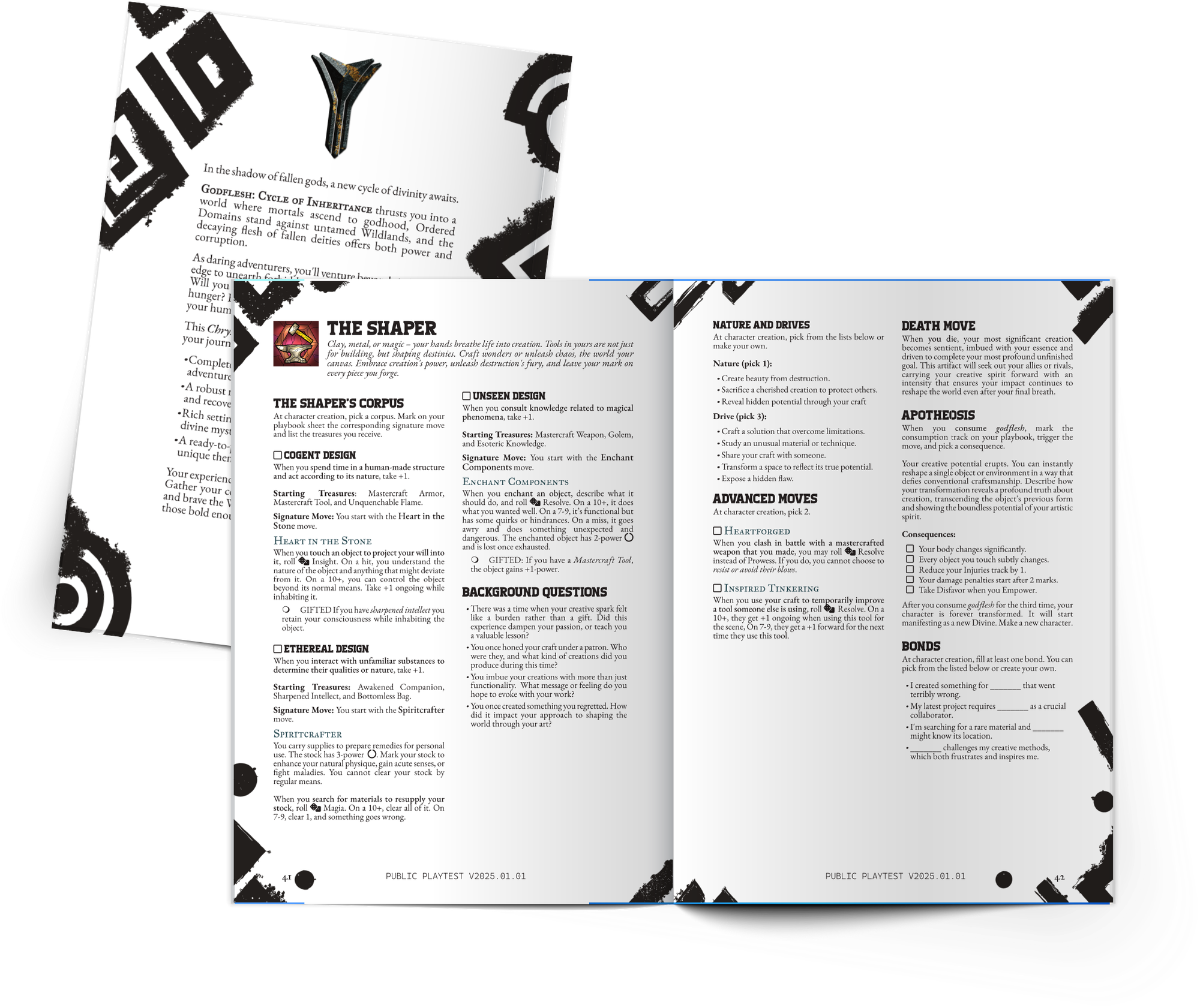 Two-page spread from "Godflesh: Cycle of Inheritance" RPG rulebook, introduces "The Shaper" character class mechanics, plus character creation guidance.